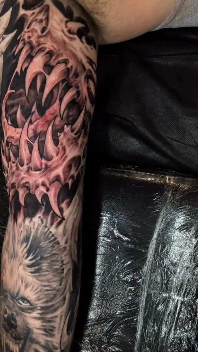 Demonic skull half-sleeve in color and black-and-grey