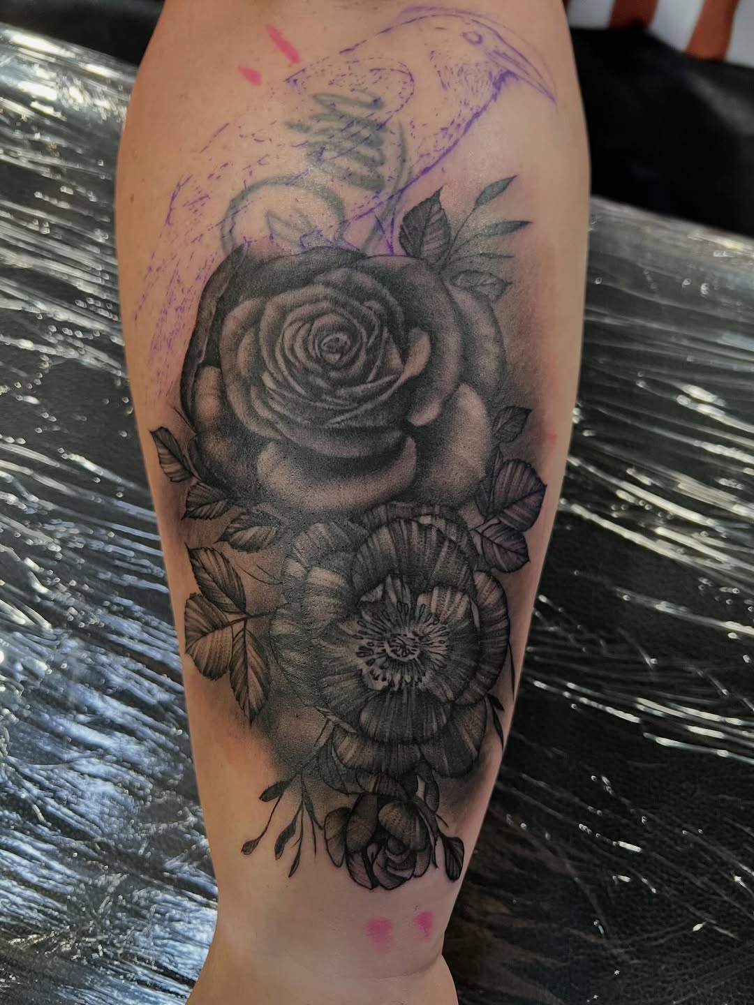Black-and-grey rose and floral coverup, calf