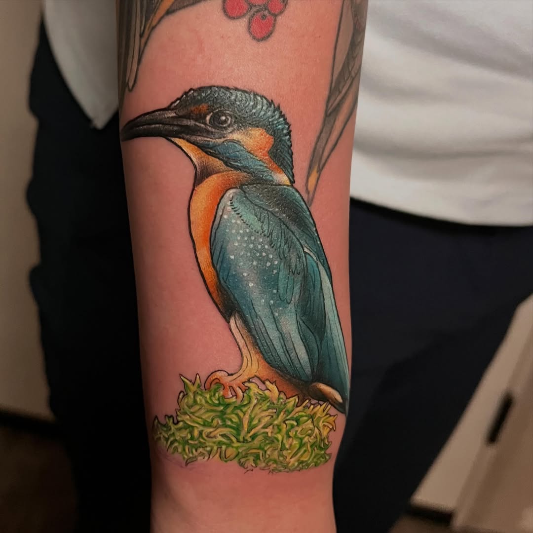 Kingfisher bird color tattoo, arm