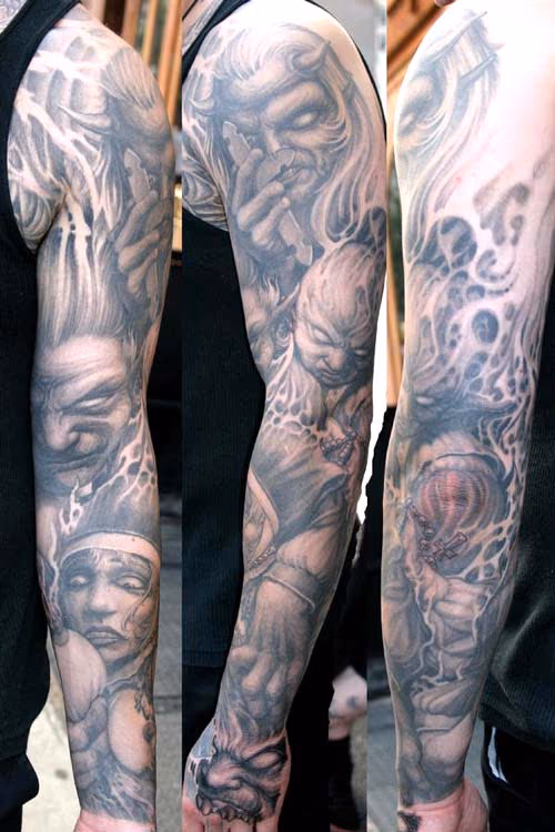 Demons and nun sleeve tattoo