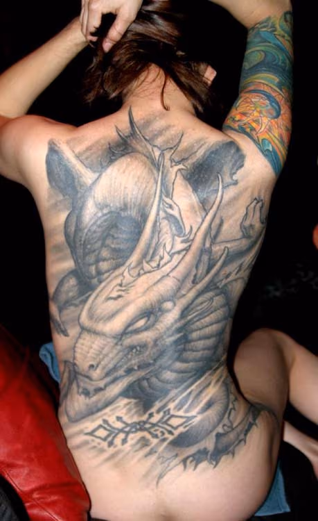 Winged dragon full back tattoo
