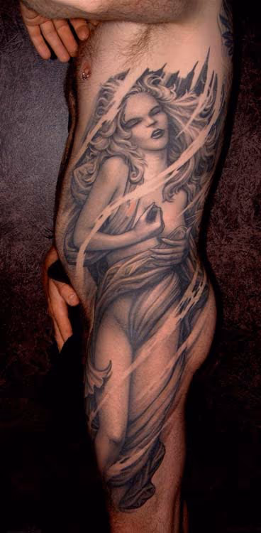 Black and gray woman full side tattoo