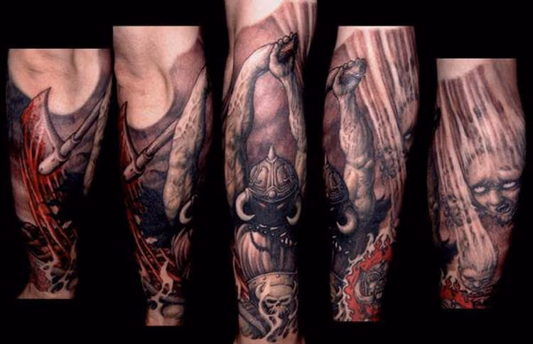 Horned demon with battle axe tattoo
