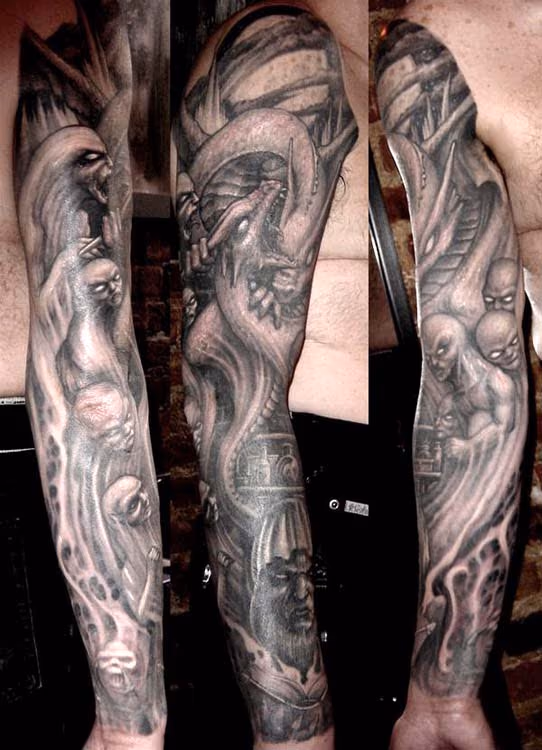Dragon and demons sleeve tattoo