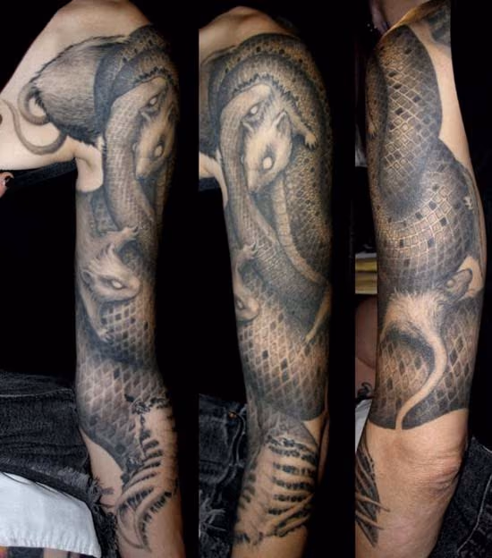 Snake eating rats tattoo sleeve