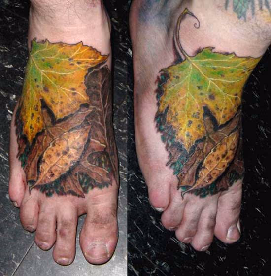 Autumn leaves color foot tattoo