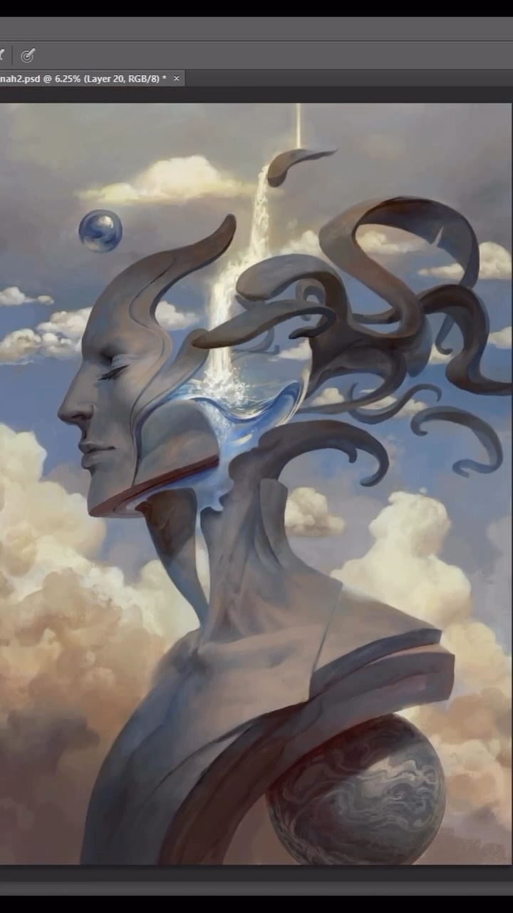 Surreal portrait with tentacles and celestial sky