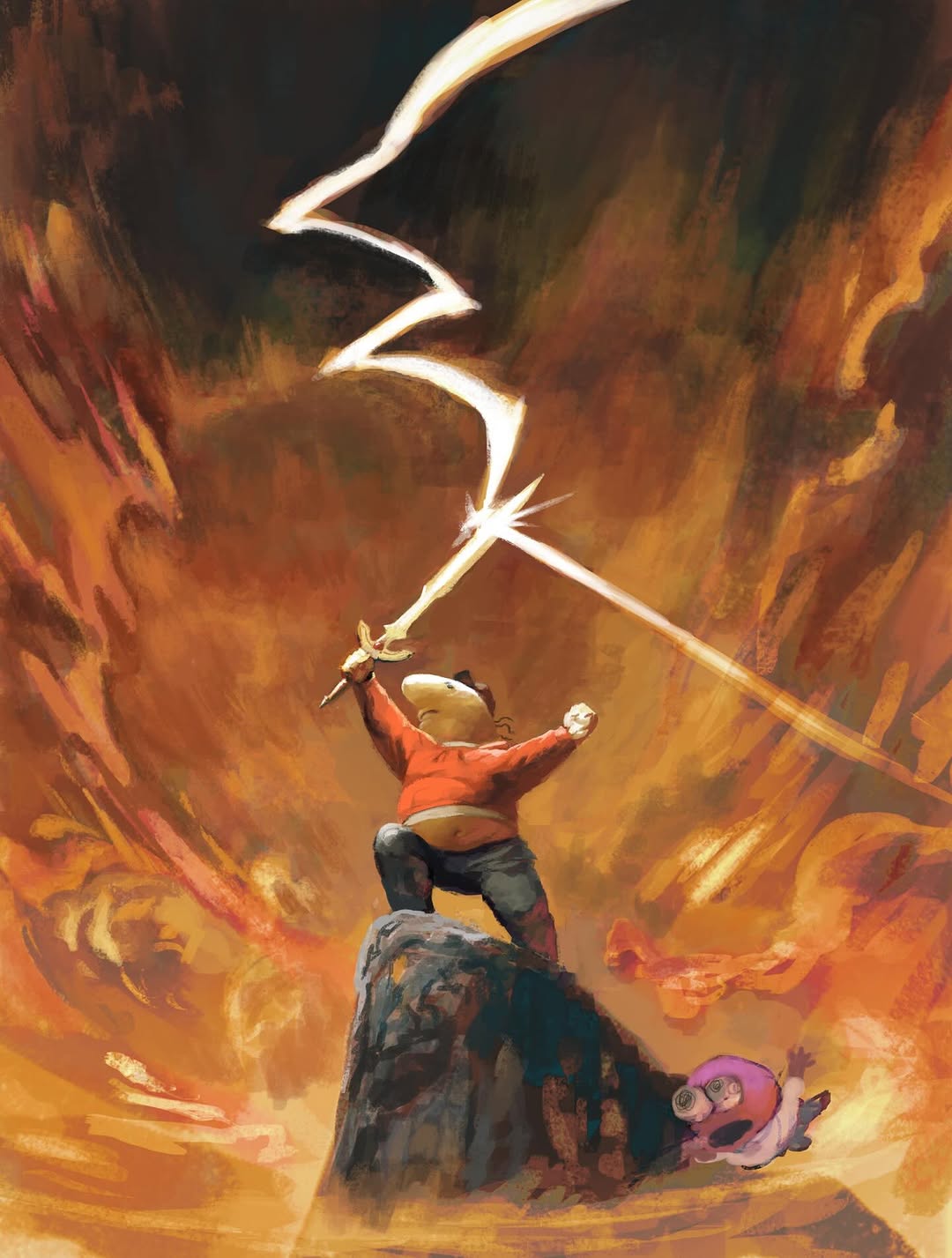 Warrior wielding lightning sword in fire