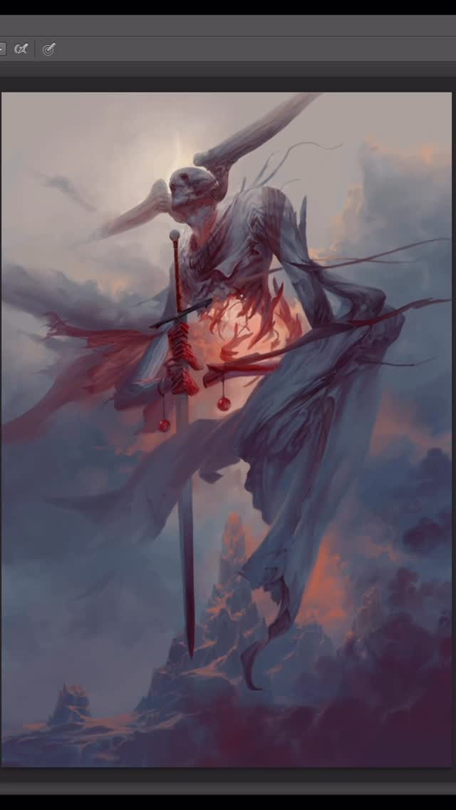Celestial winged figure in dramatic red and grey