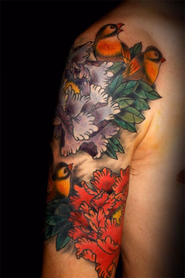 Japanese Inspired Bird and Flower Half Sleeve