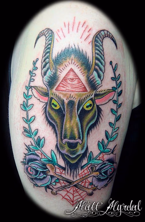 Goat head with third eye with bones and roses.
