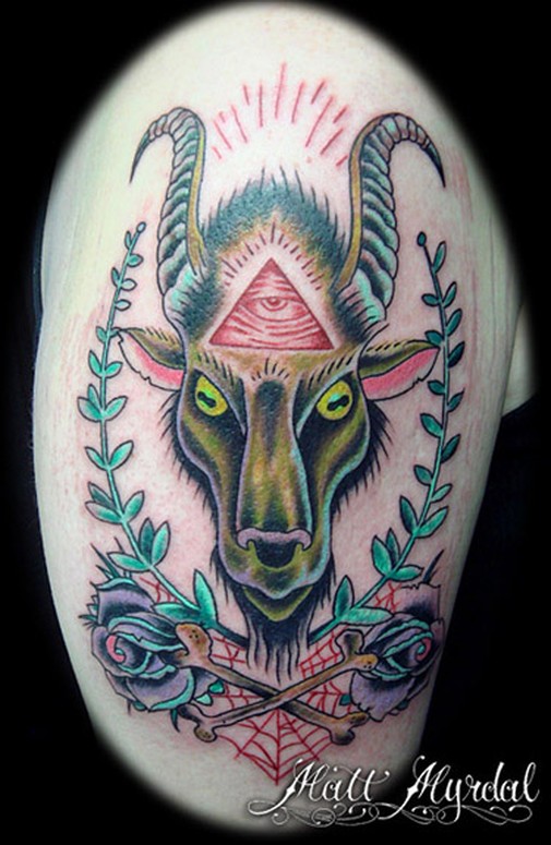 Goat head with third eye with bones and roses.