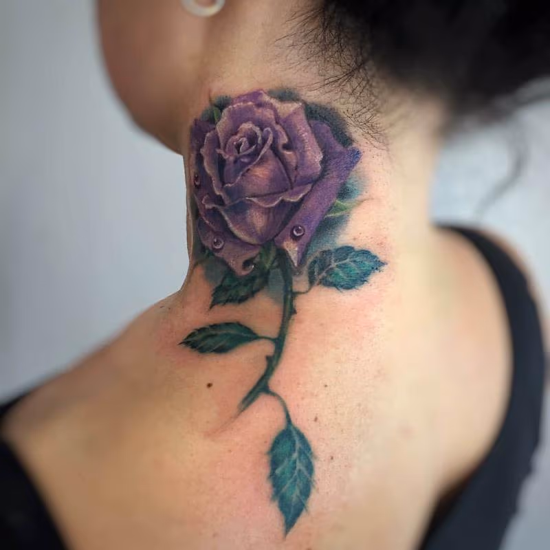 Purple Rose Neck Tattoo