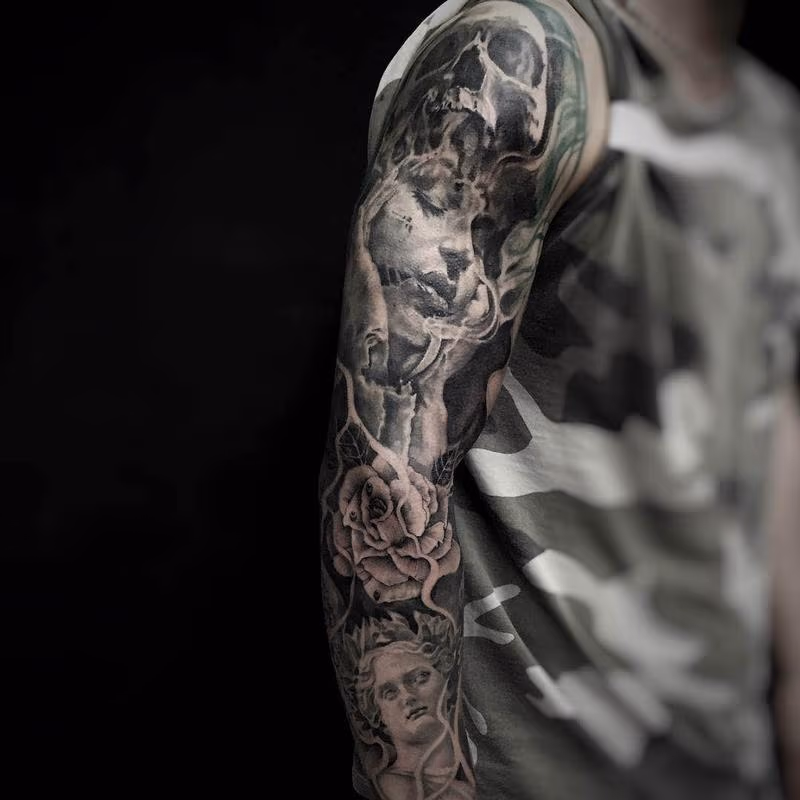 Black and Gray Gothic Collage Tattoo