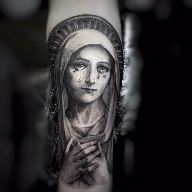 Black and Gray Virgin Mary Tattoo
