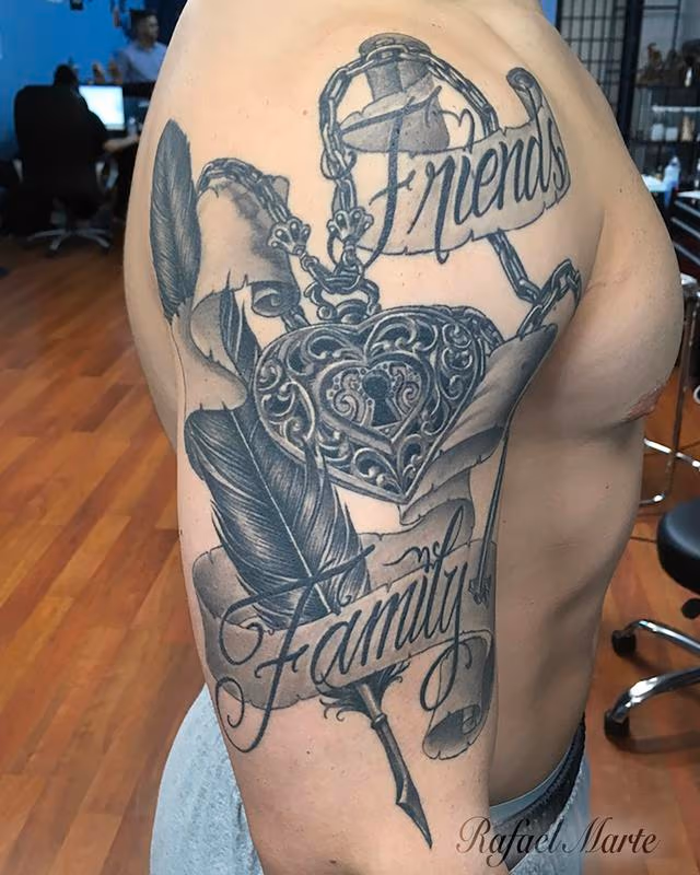 Black and Grey Feather, locket, and banner with Friends Family