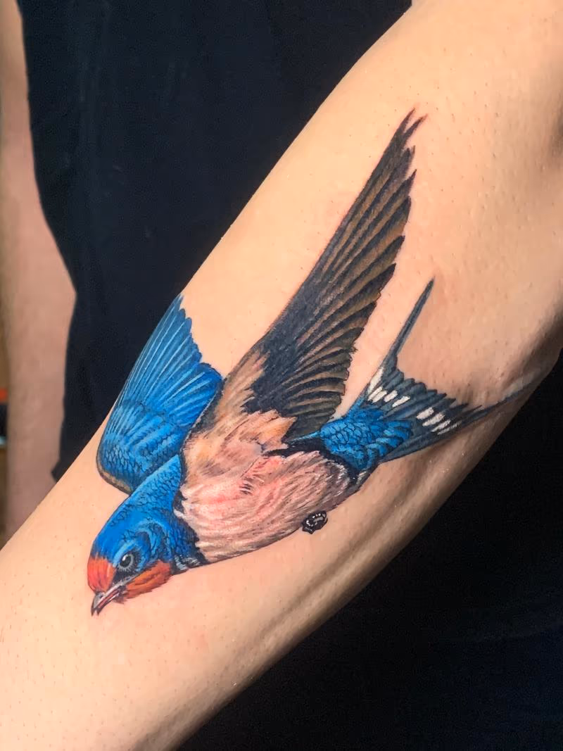 Realistic Blue Sparrow Tattoo Forearm