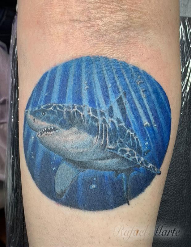 Realistic Shark under Blue Water Tattoo