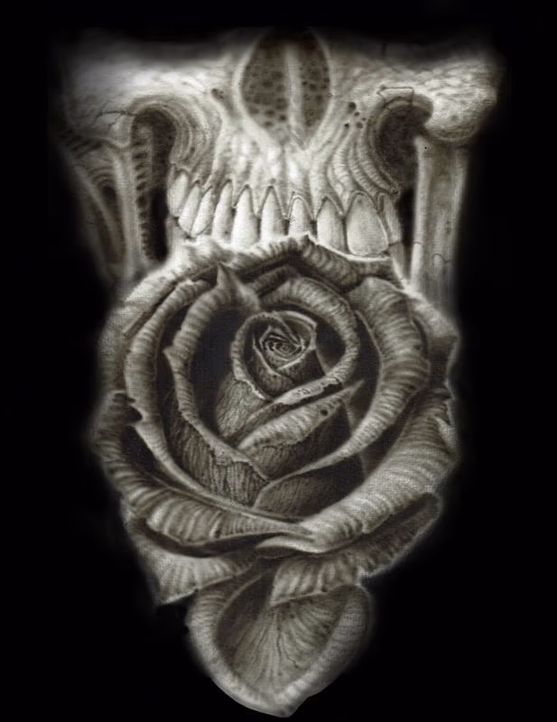Rose and Skull airbrush art. Acrylic on watercolor paper.