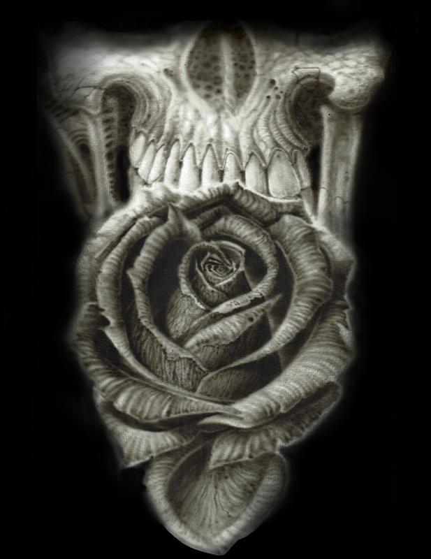 Rose and Skull airbrush art. Acrylic on watercolor paper.