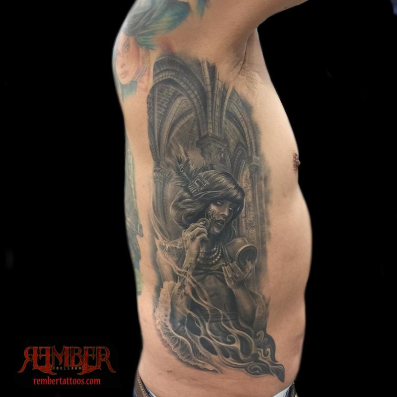 Surrealistic black and grey portrait on ribs