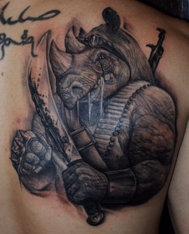 Black and Gray Rhino Tattoo