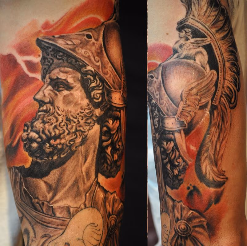 Ares god of war statue portrait , greek sleeve