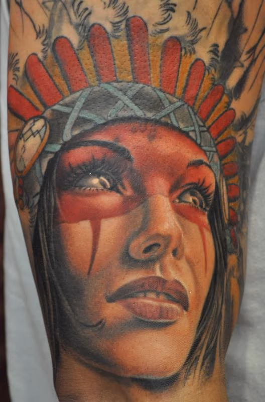 Native American girl tattoo in color