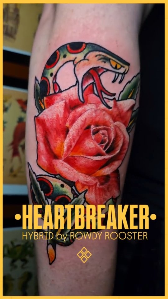 Heartbreaker hybrid snake and rose tattoo, calf