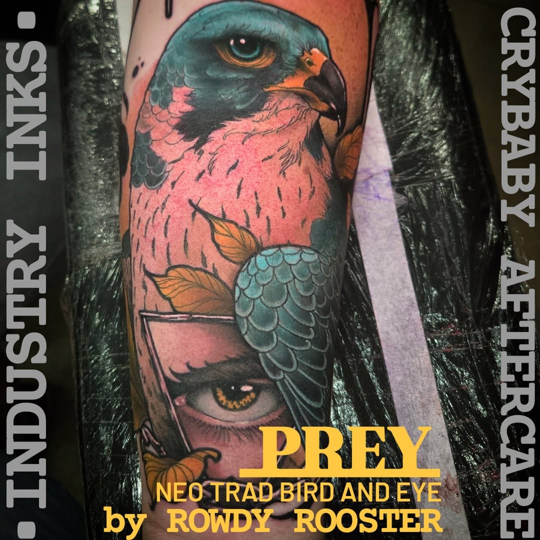 Neo-traditional bird and eye color tattoo, arm