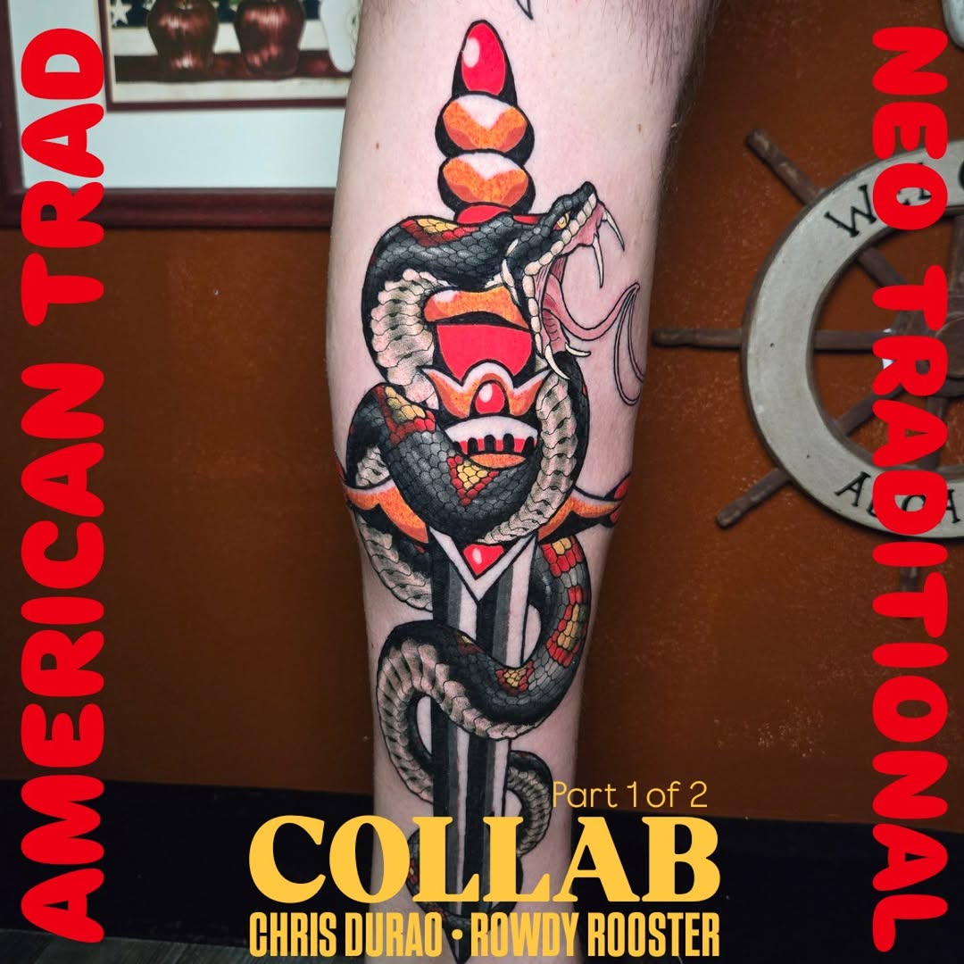 Traditional dagger and snake couples tattoo, leg