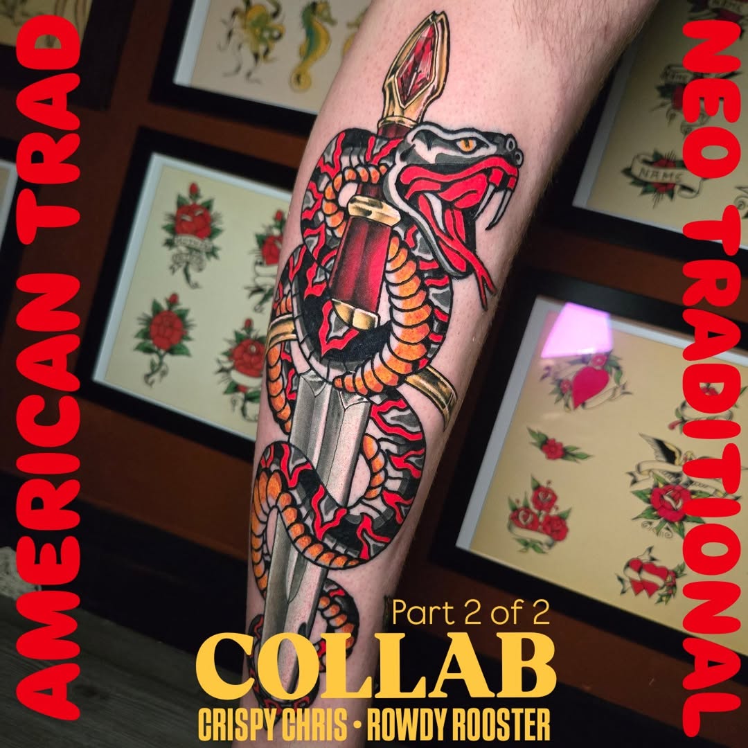 Traditional red and gold snake dagger forearm tattoo