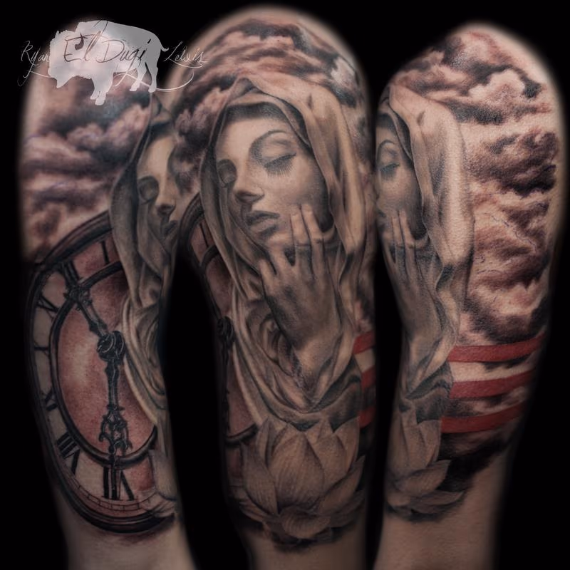 Virgin Mary touching Face and clock