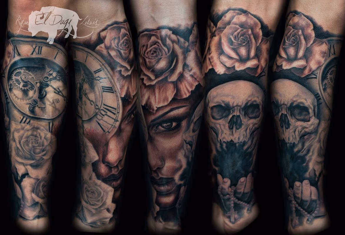 Clock Skull Rose Girl Leg Sleeve