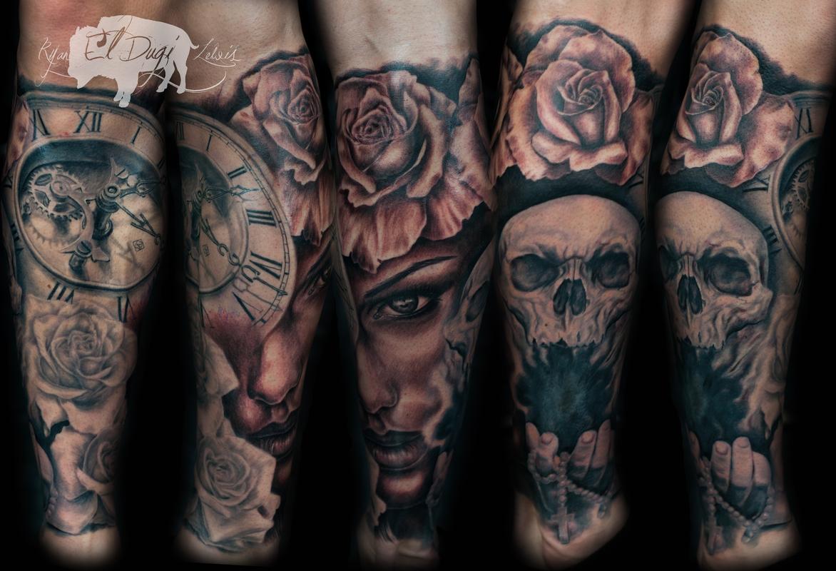 Clock Skull Rose Girl Leg Sleeve