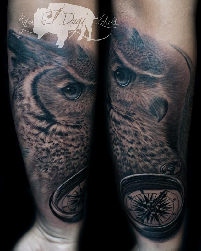 Great horned owl and compass