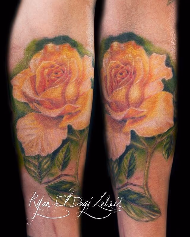 Healed yellow rose tattoo