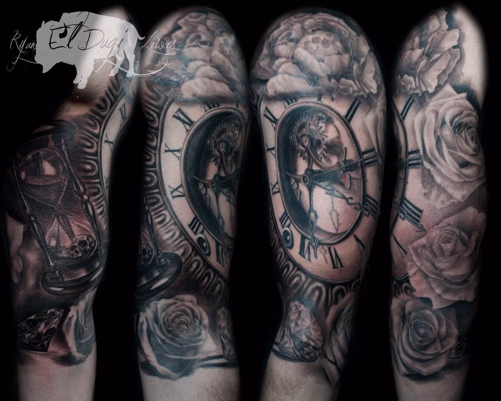 Clock flowers diamonds and hourglass