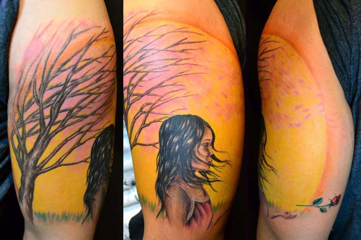 Asian Girl in the Wind with Cherry Blossom Tree and Sun letting go of rose