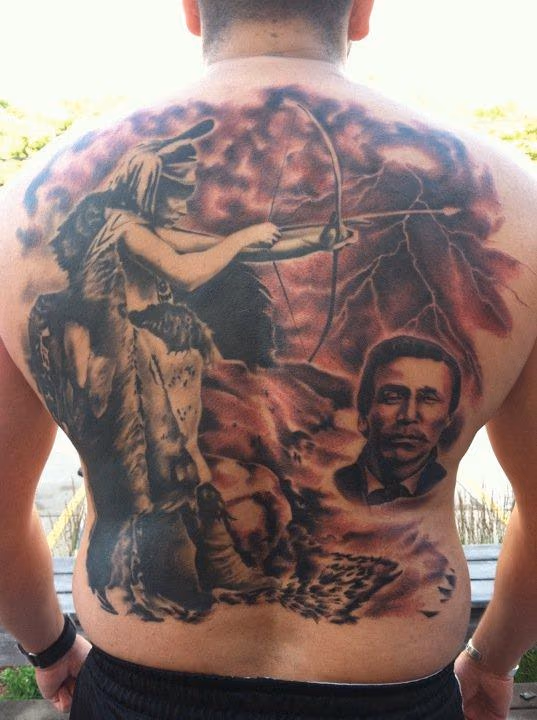 Black and Grey Indian Backpiece Tattoo