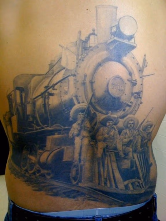 Black and Gray Steam Engine Tattoo