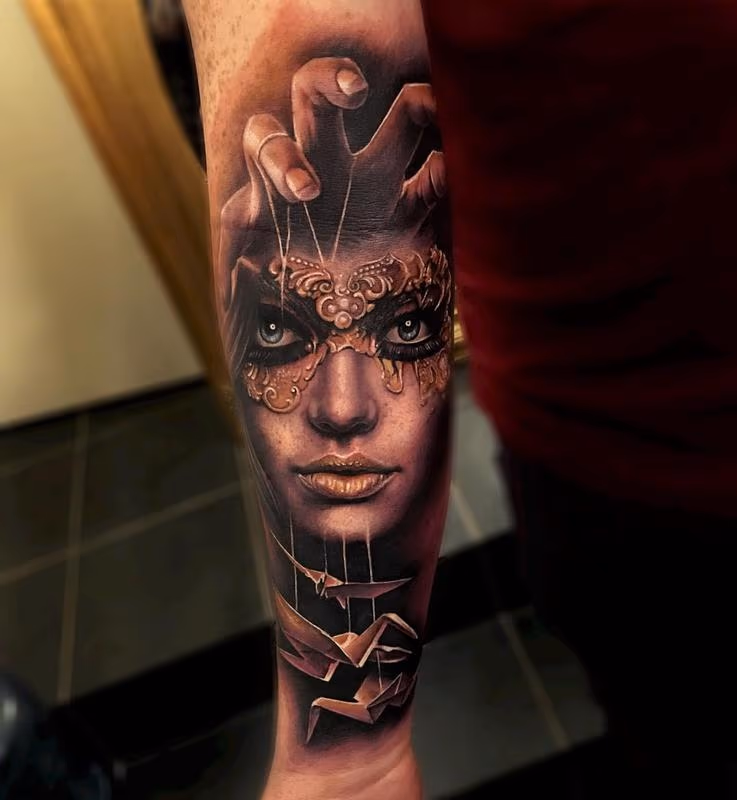 Masked Woman, Crane Puppets Forearm Tattoo