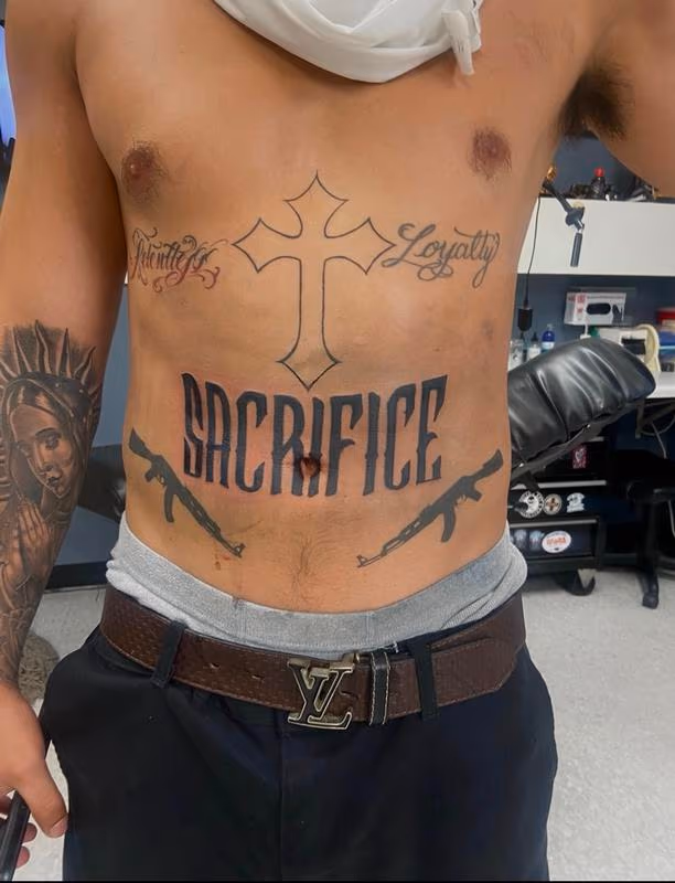 Black N grey script stomach piece
