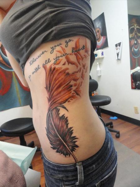 Custom feather tattoo with script