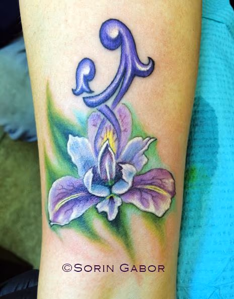 realistic color orchid mother daughter forearm tattoo