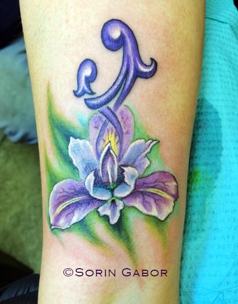 realistic color orchid mother daughter forearm tattoo