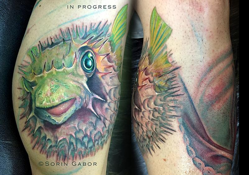In progress color realistic blowfish tattoo on leg