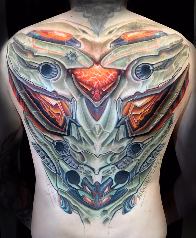 Realistic color futuristic armor biomech back tattoo