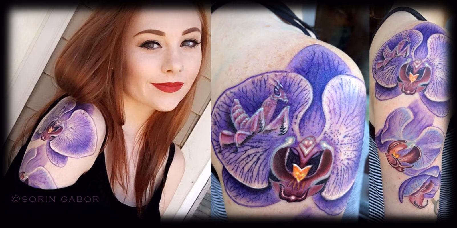 Realistic color purple orchid and orchid mantis tattoo in progress details and healed