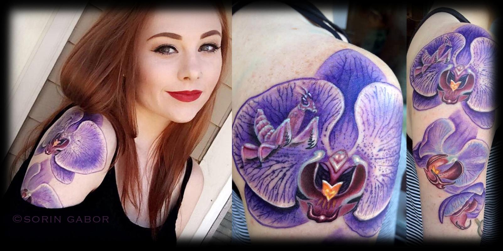 Realistic color purple orchid and orchid mantis tattoo in progress details and healed